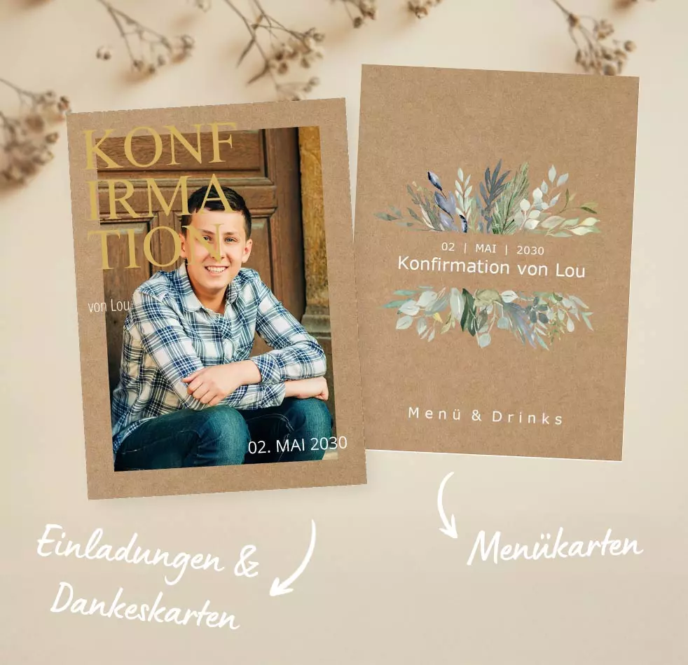 Draufschicht auf zwei verschiedene gestaltbaren Konfirmationskarten und minimalistischer Blumenuntergund in beige