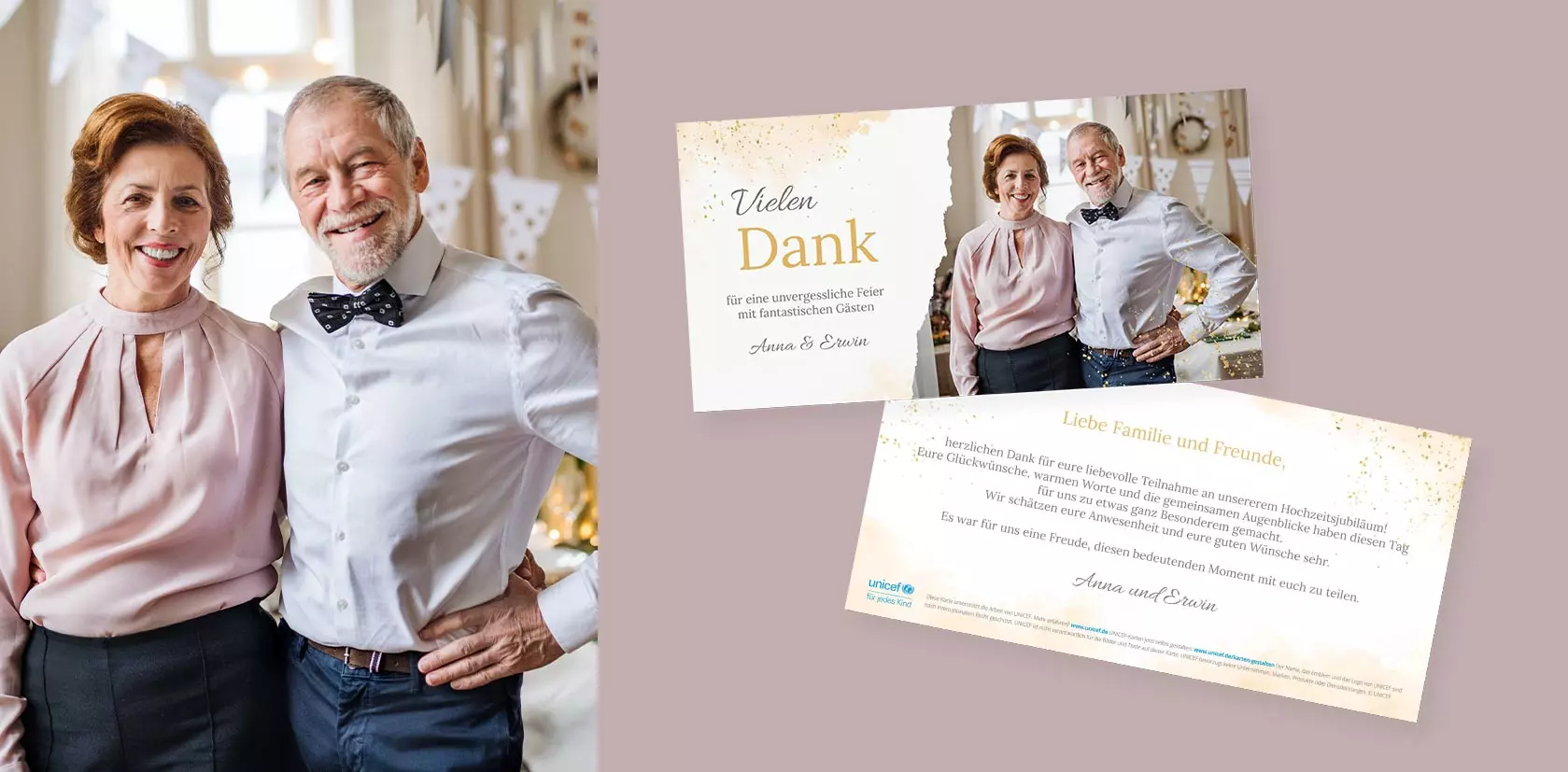 Dankeskarten-zur-Rubinhochzeit-mit-Unicef-selbst-gestalten-hochzeit-jubilaeum-rubinhochzeit-danksagung Mittelaltes-lächelndes-pärchen-und-dazugehörige-dankeskarten-zur-hochzeit-auf-beigem-hintergrund-in-hochzeit-jubilaeum-rubinhochzeit-danksagung