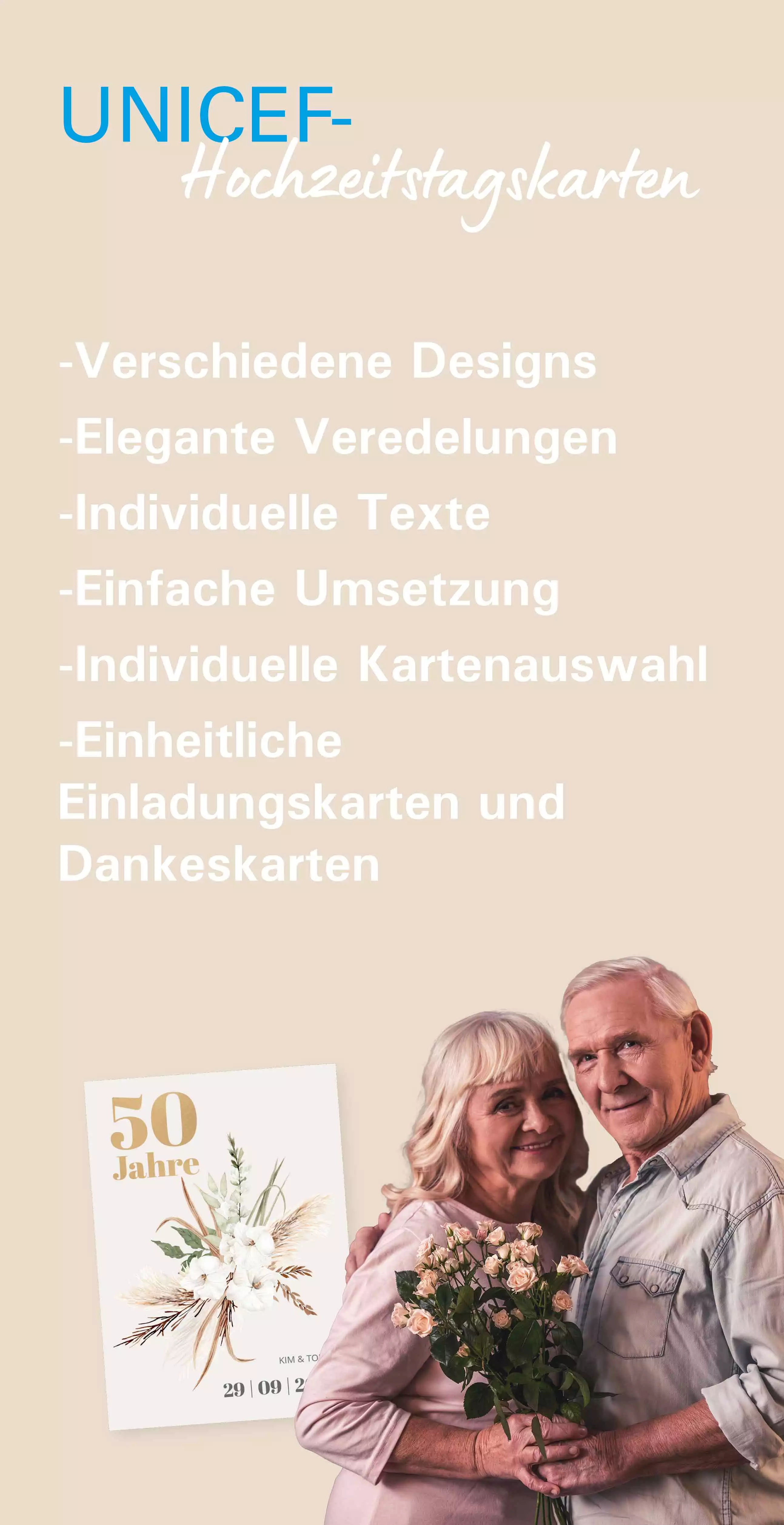 Ablauf der Gestaltung einer UNICEF- Karte zum Hochzeitsjubiläum und Abbildung eines Brautpaares sowie einer Karte 